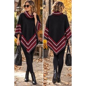 Le Moda Poncho One Size Black Red Geometric Fleece Cowl Neck Cape Boho